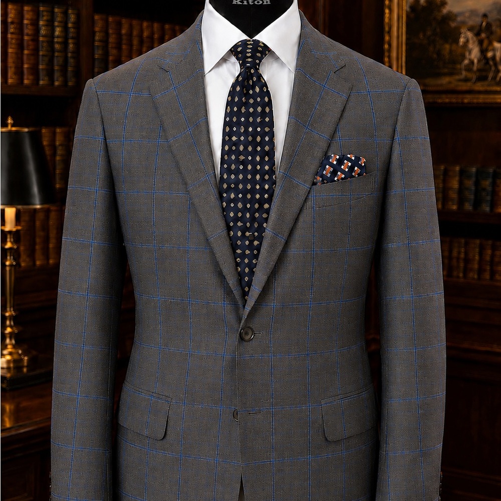 ISAIA Gray Windowpane Suit with Blue Check + Robert Talbott Silk Tie